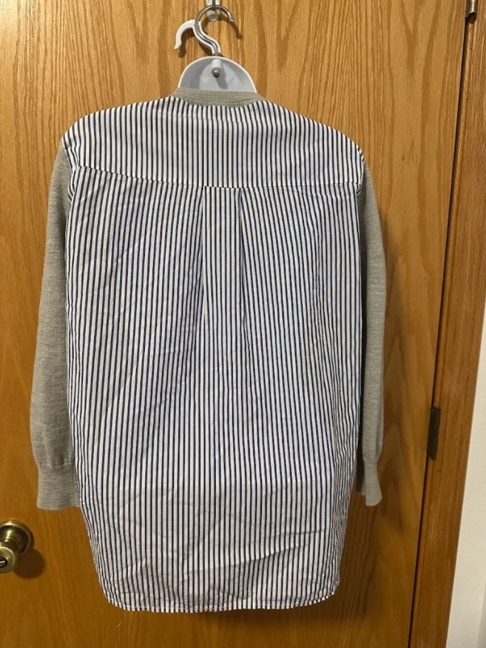 J. Crew Striped Wool/Cotton Mixed Media Crewneck Grey Sweater - Size Medium - Picture 4 of 8